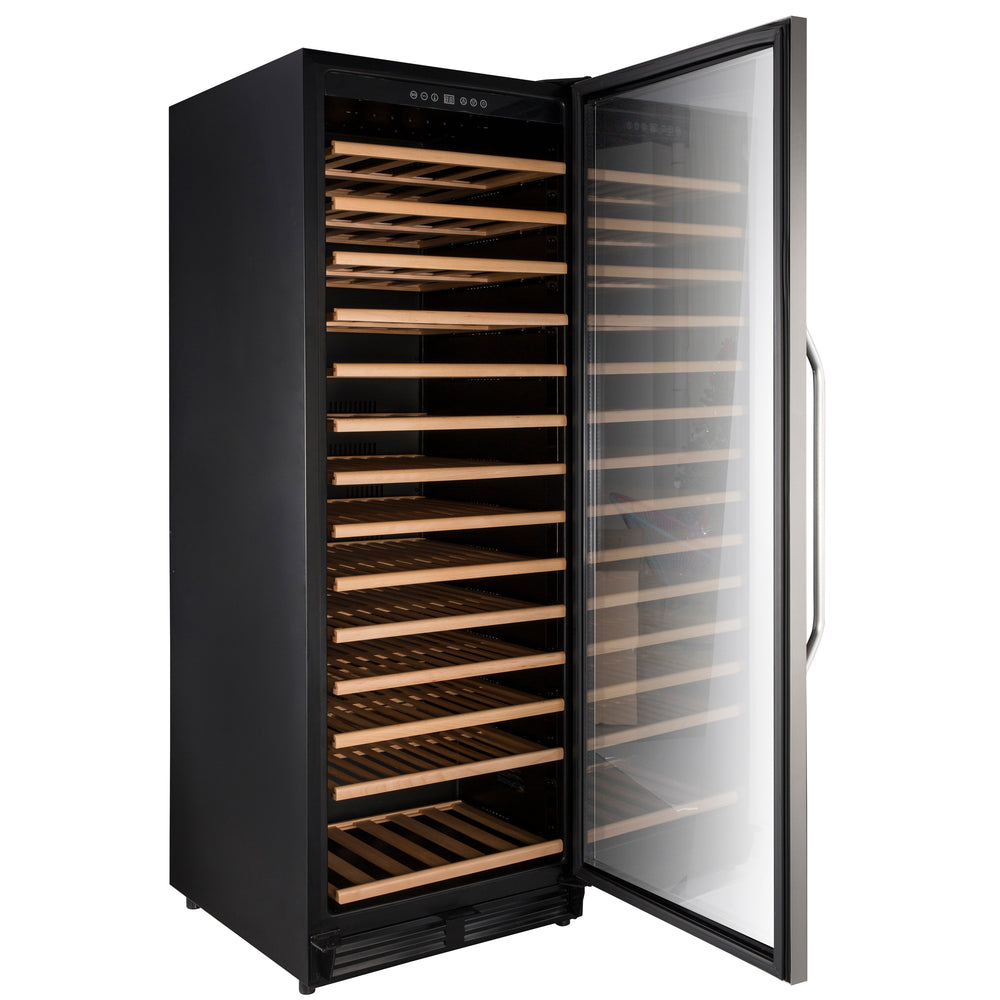 Holds up to 149 bottles.

Temperature range 40 to 65 F.

Soft touch electronic control and display.

LED perimeter display lighting.

Full extension wooden shelves on roller assembly.

Includes security lock.

ADA compliant.