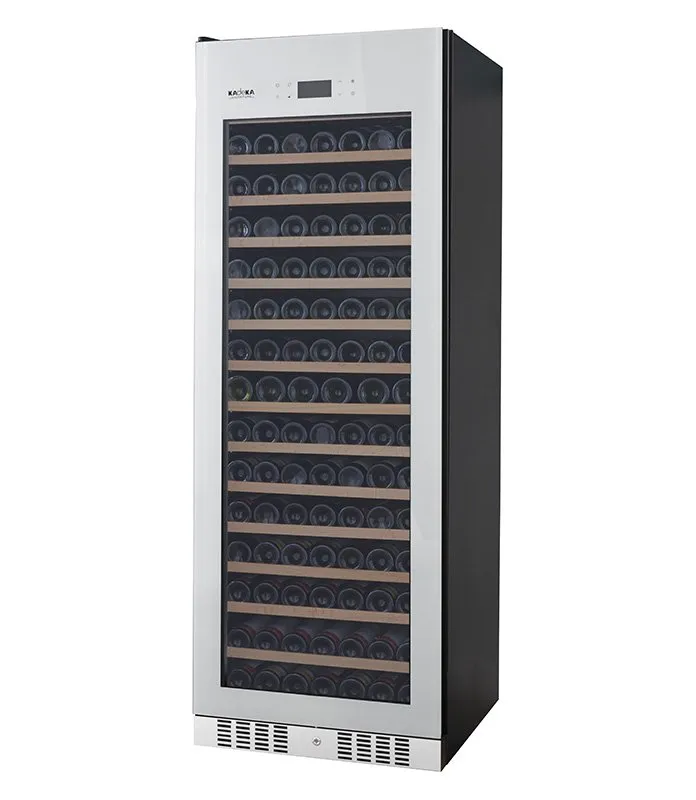 The Kadeka Wine Chiller KS194TL/TR is a free-standing unit with inverter compressor. This unit holds a durable black (also available in white) rimless door frame which is made to make it withstand the test of time. The left integrated handle adds to its sleek finish. This wine chiller is designed to cool up wines to its ideal serving temperature under single zone from 5-22 degrees Celsius. The Kadeka KS194TL/TR has 13 telescopic shelves with bottle stabiliser + 2 wire racks that can store up to 194 bottles. It has a built-in lock and 3-layered anti-UV light-blue tinted glass door.
